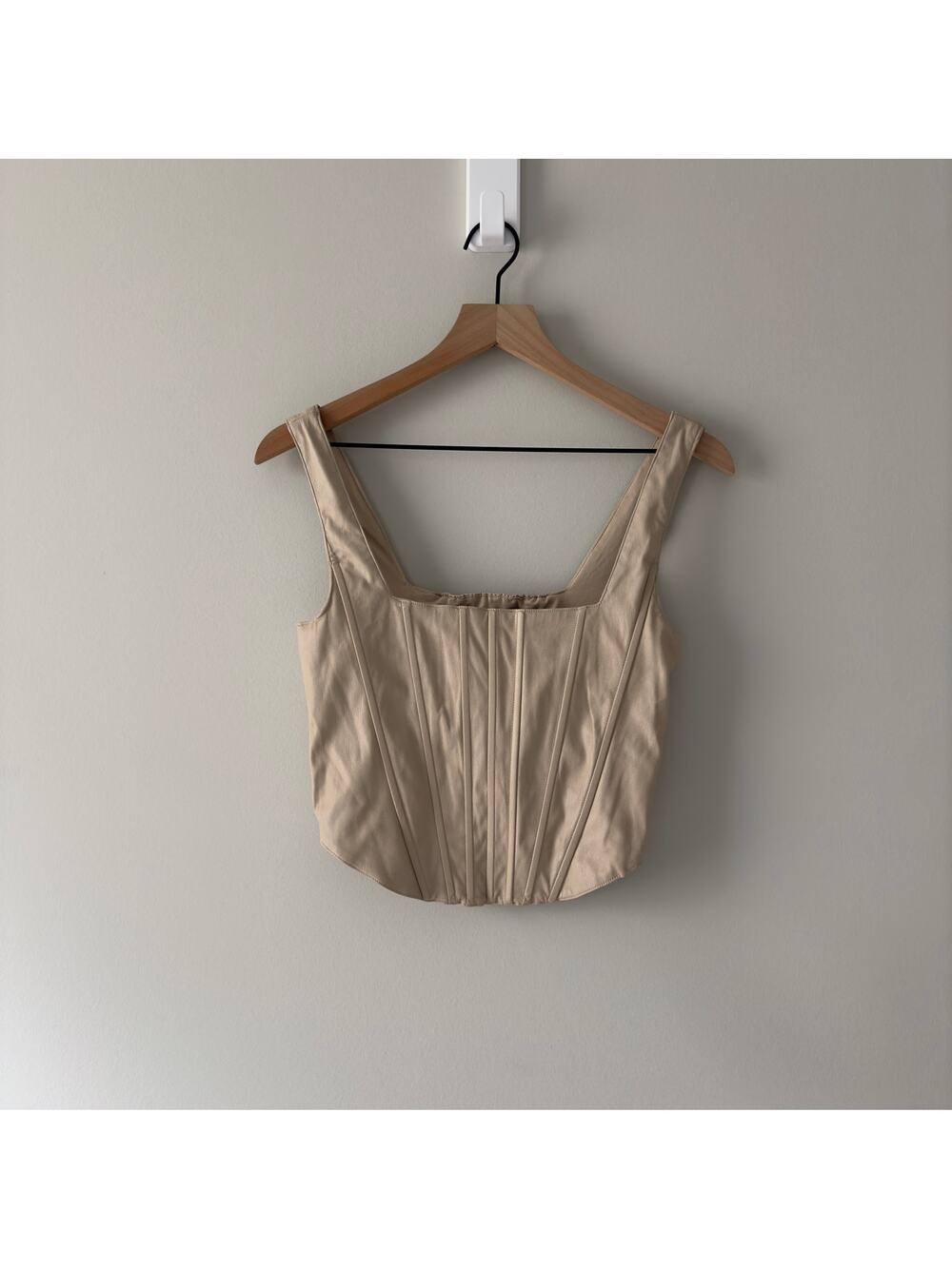 7 For All Mankind Faux Leather Corsette Style Cropped Tank Top Beige Sleeveless